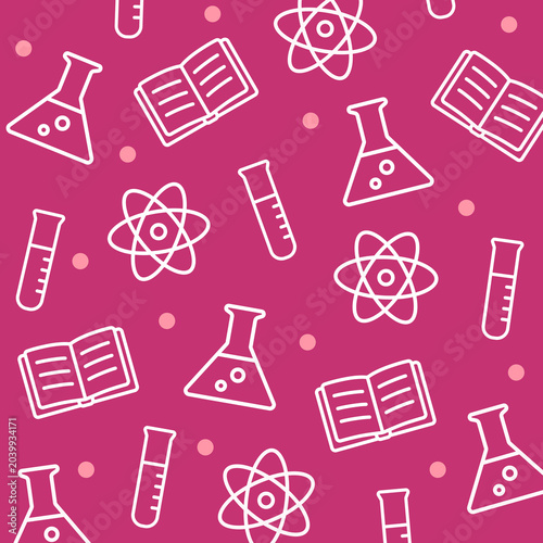 Science outline seamless pattern. Chemical flask, atom symbol and notebook on dark pink background. Education theme background. Seamless vector pattern.