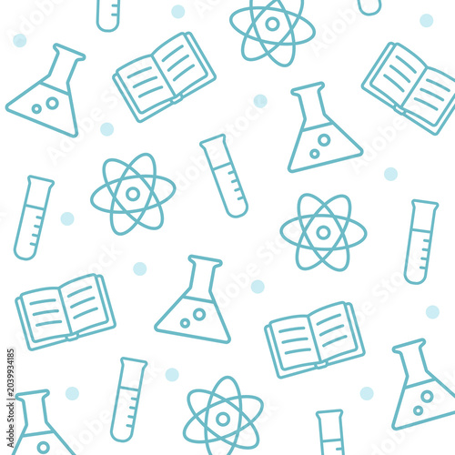 Science outline seamless pattern. Chemical flask, atom symbol and notebook on white background. Clean chemistry education style. Seamless vector pattern.