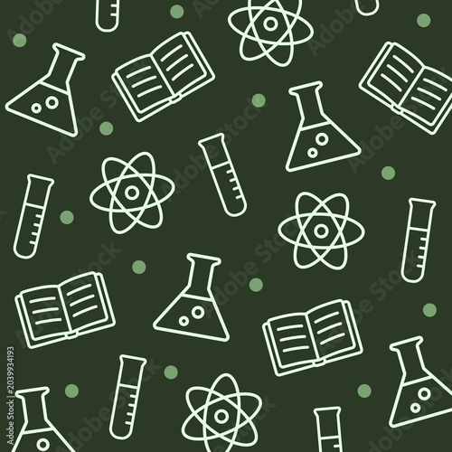 Science outline seamless pattern. Chemical flask, atom symbol and notebook on dark green background. Laboratory learning theme. Seamless vector pattern.