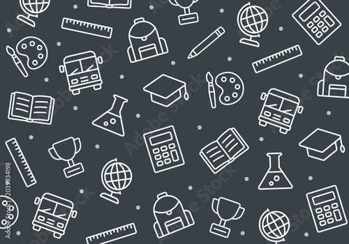 Back to school outline seamless pattern. School bus, backpack, globe, ruler, book, chemical flask, calculator and graduation hat on black background. Modern school theme. Seamless vector pattern.