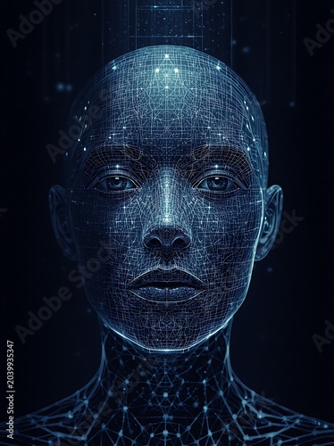 Neural biometric analysis structure biometric security startup digital human head made of glowing blue network connection lines for artificial intelligence and biometric data analysis