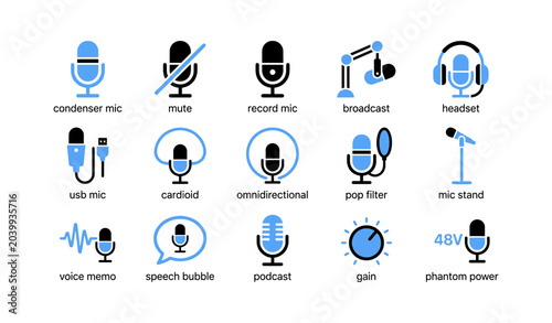 Microphone and audio icons showing recording and broadcast symbols