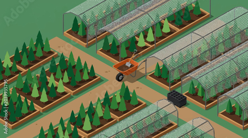 Aerial view of a tree nursery with greenhouses and a tractor.