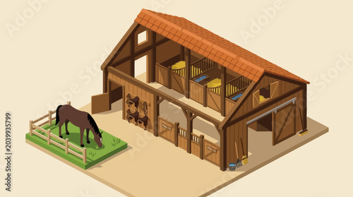 A brown horse stands in a fenced area next to a large wooden barn.