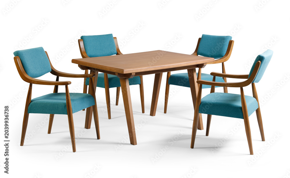 Fototapeta premium Mid-century modern dining room set with a rectangular wooden table and four matching turquoise fabric armchairs, isolated on a white background.