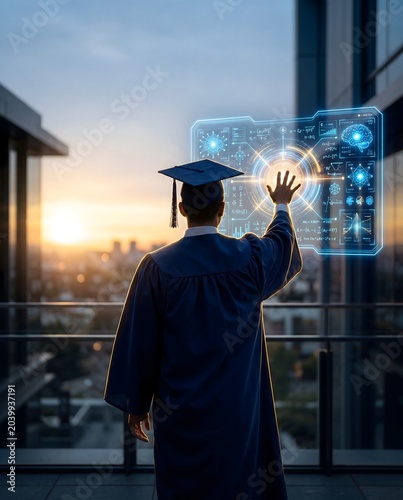 Graduate interacting with AI dashboard at sunset campus