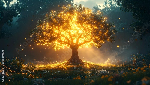 Glowing Tree of Life with Crystal Leaves – Magical Longevity Lifestyle Concept