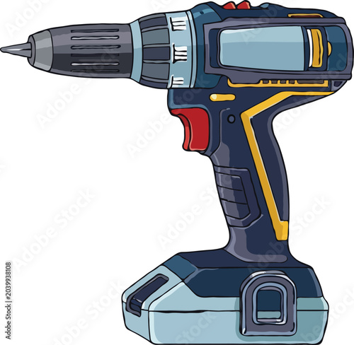 A flat vector illustration of a cordless power drill impact driver, side view, 