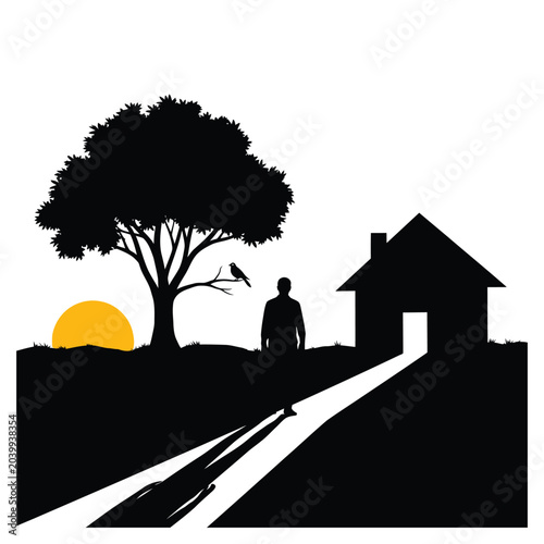 Silhouette illustration of a person walking towards a house at sunset