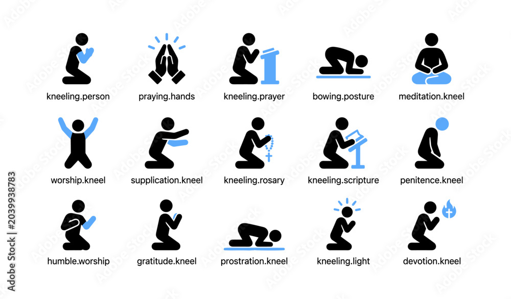 Fototapeta premium Kneeling person icons showing prayer poses on white background