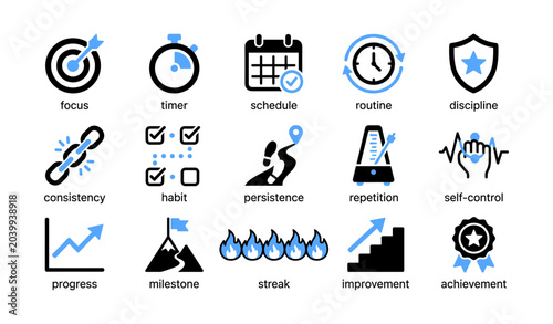 Motivation and habit icons arranged in grid on white background