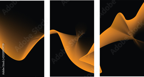 Schilderij op canvas Abstract three panel triptych wall art with glowing orange wavy particles on bla