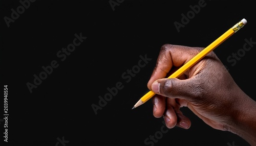 black hand holding yellow pencil writing black background