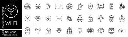 Wi-fi and network line icon set. Connection, signal, website, mobile, wireless, communication, computer outline icon pack.