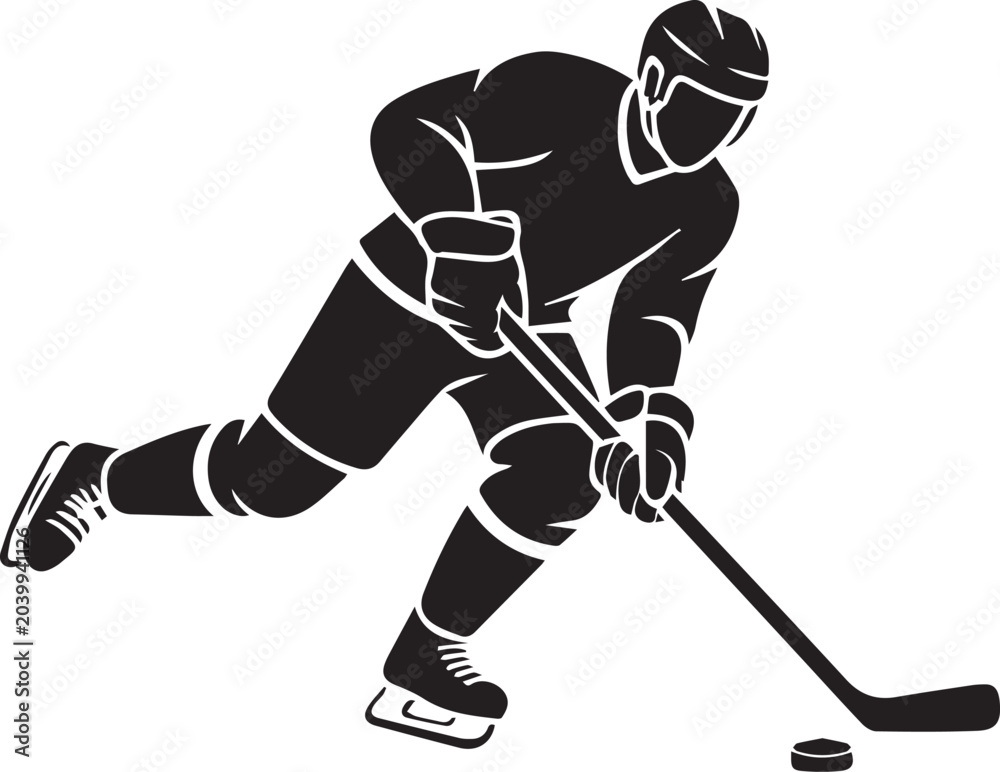 Fototapeta premium Ice hockey player silhouette with a stick and puck on a transparent background, capturing dynamic athletic action.