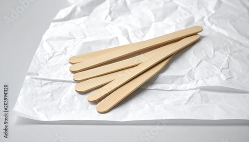 Set of sterile wooden tongue depressors fanned out on a crumpled white surface for medical examination