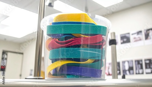 Several colorful elastic tourniquets rolled up and stored neatly in a clear plastic bin