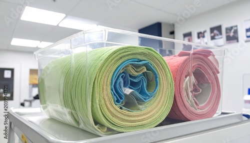 Several colorful elastic tourniquets neatly rolled and organized in a clear plastic storage bin, showcasing medical readiness and supply management.