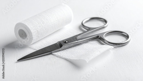 Sharp Stainless Steel Medical Scissors With White Gauze and Bandage Roll for Healthcare Applications