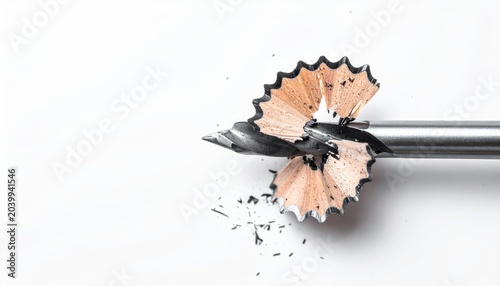Sharpened pencil tip with delicate wood shavings isolated on white background, showcasing artistic creation process
