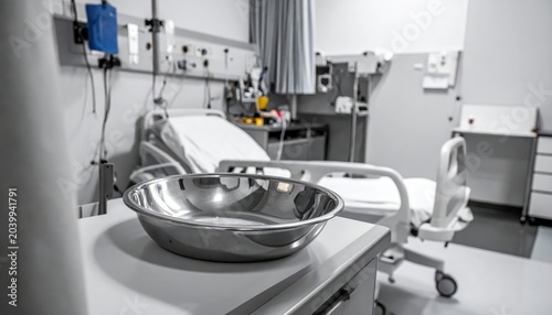 Shiny chrome bedpan positioned on a bedside cabinet shelf within a hospital room, ready for patient use