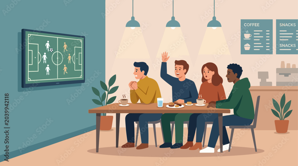 Fototapeta premium This flat design illustration portrays a group of friends engrossed in a football match on a TV screen within a stylish, cozy cafe setting. It captures the shared anticipation and camaraderie of watch