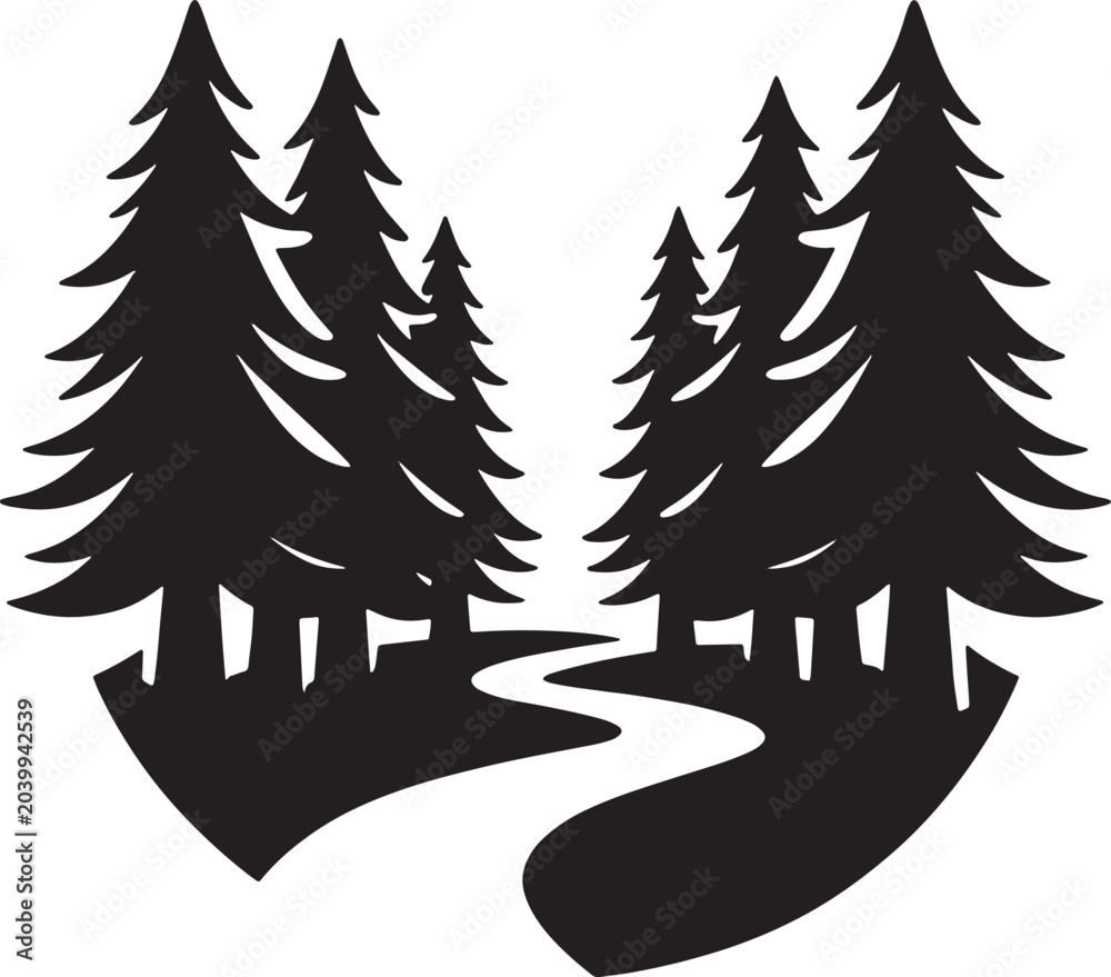 Obraz premium Forest path between pine trees silhouette illustration landscape scenery park outdoor travel.