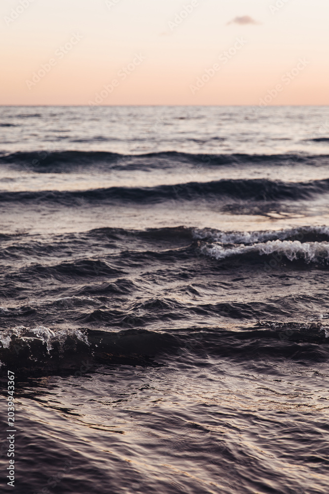 Obraz premium Close-up of dark, moody ocean waves rolling and breaking near the shore. Textured water surface and sea foam reflect soft, warm light of twilight, creating a dramatic and abstract marine background.