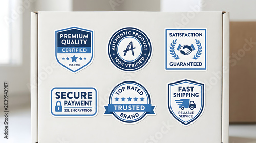 White shipping box featuring trust badges and quality assurance seals.