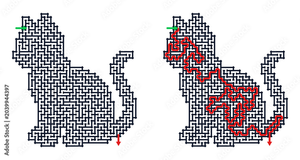 Obraz premium Cat-shaped maze with solution path highlighted in red 