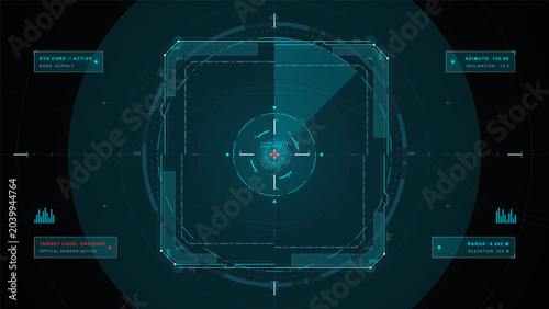 Cuadro en lienzo Futuristic cyan HUD targeting interface with circular reticle, sensor readouts,