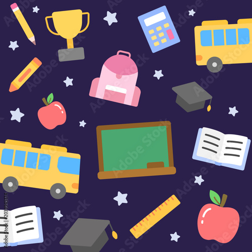 School seamless pattern. School bus, apple, graduation hat, blackboard, pencil, book, backpack and classroom elements on dark blue background. Back to school vector pattern.