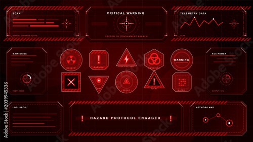 Fotografia Red futuristic warning interface with hazard symbols, telemetry panels, radar ta