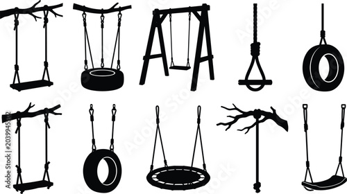 Konstfotografi Collection of various swing designs for playgrounds and backyards, including tir