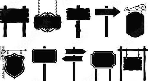 Fotografie Collection of various silhouette signs and signposts, representing direction, in