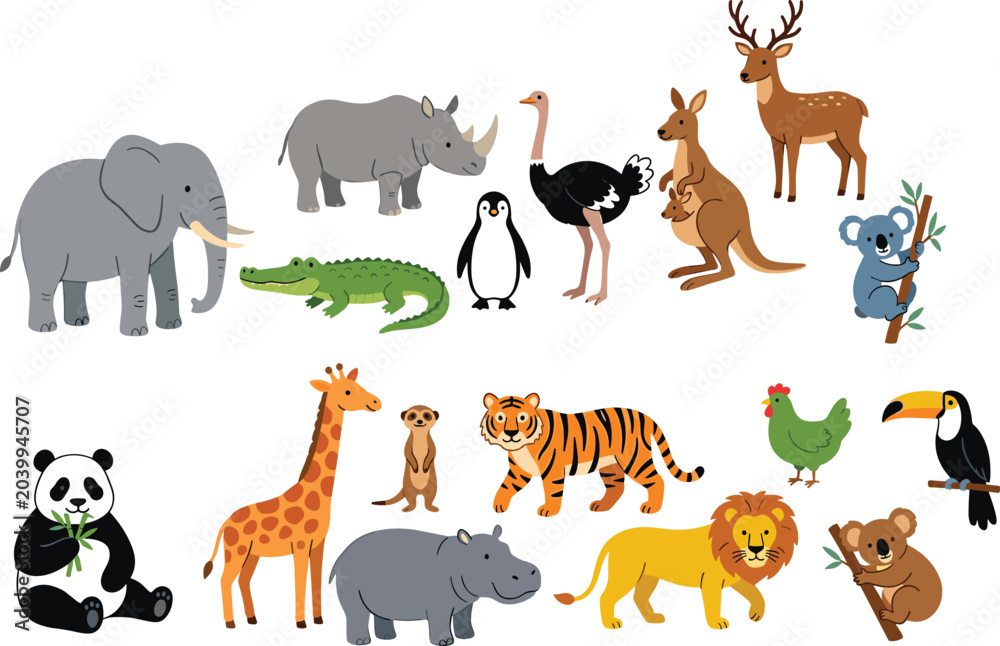 Obraz premium Cute cartoon wild animals collection featuring elephant lion tiger giraffe panda and exotic fauna for children education design