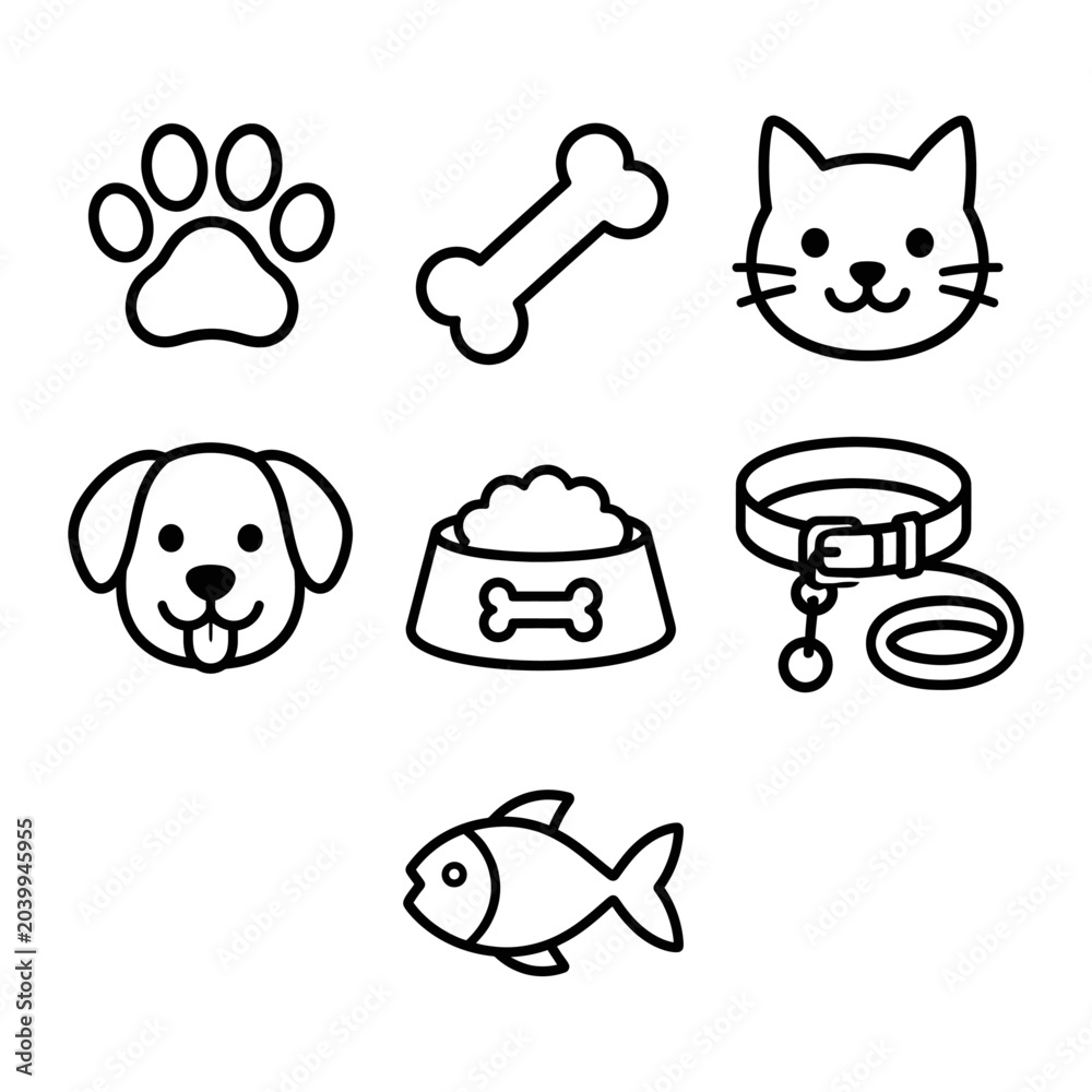 Fototapeta premium Pet icons, dog and cat symbols, animal outline illustrations, pet accessories