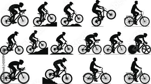 Obraz na płótnie Large vector set of cyclist black silhouettes featuring mountain biking stunts r