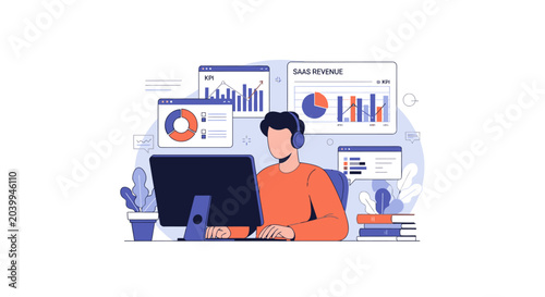Analytics Specialist Professional Analyzing Complex Data Charts and Optimizing Business Performance Metrics on Large Digital Interface Vector Illustration for Corporate Presentations