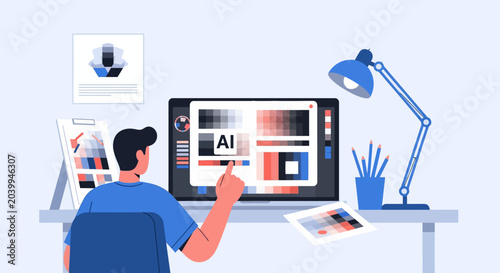 Vector illustration of a professional digital artist using artificial intelligence software on a computer to generate creative artwork, featuring abstract neural network icons and interface.
