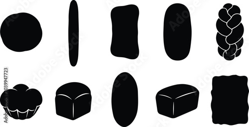 Collection of black and white food icons representing various types of bread and pastries, showcasing different shapes and textures in a graphic design format for culinary and baking themes