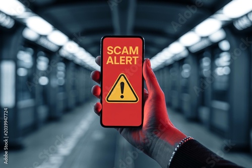A warning on a smartphone screen alerts users about potential scams in a subway environment.