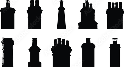 Silhouette collection of various chimney pots, showcasing diverse architectural designs and historical building elements, ideal for urban planning and construction inspiration