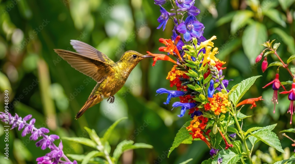 Fototapeta premium Hummingbird feeding on colorful flowers in garden