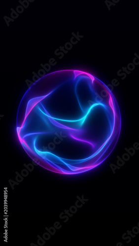 Fotografie Vertical blue and purple neon energy sphere on black background, futuristic AI o