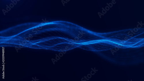 Foto Cyan digital data wave surface with glowing lines and particles on dark backgrou