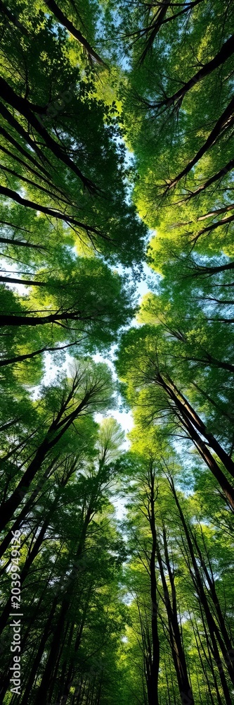 Fototapeta premium Forest canopy viewed from above, rich greens and dappled sunlight filtering through trees, dense, woods