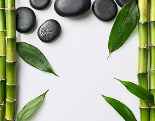 zen spa border frame with black hot stones bamboo stalks and fresh green leaves on pure white background
