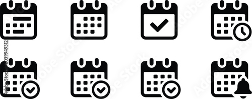 Calendar glyph icon set with schedule agenda event reminder check mark time clock notification bell organizer planning and appointments