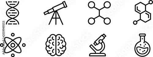 Science line icon set with DNA strand telescope molecule structures atom physics symbol human brain microscope and chemistry laboratory flask